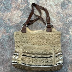 Crochet style tan hand bag